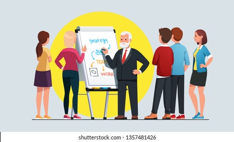 Business professor explaining strategy planning and team work process workshop, drawing diagram on whiteboard. Student group listening to experienced elder bearded teacher man. Flat vector illustratio