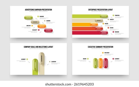 Perfil de negócios Quatro Cinco Duas Três Opção Infográfico Frame Template Vetor Illustration Collection. Visão geral de marketing 4 5 2 3 diagrama de etapa conjunto de layout de slide.