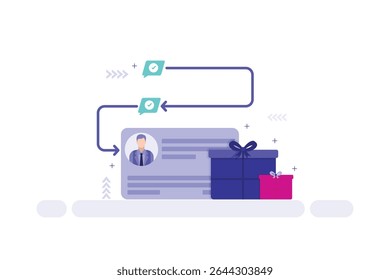 Business Profile with Gift Boxes – Communication Flow with Arrows and Checkmarks