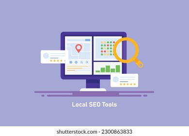 Business profile optimization, Local SEO Tools, SEO software for local business maps,  data analysis - vector illustration with icons