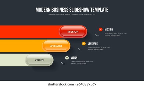Business Profile Three Step Diagram Frame Design. Professional Insight Presentation Template Vector Illustration. Advertising Strategy 3 Element Infographic Slideshow Layout.