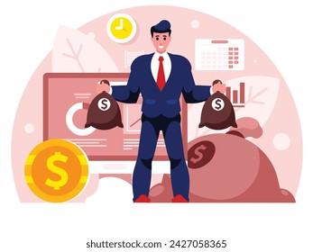 Business profit. Businessman holds two bags of money in his hands. Rich man. Financial success. Financial statements. Display with reporting on the background of a bag of money. Vector graphics