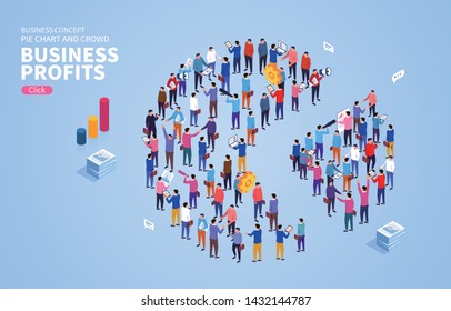 Business profit concept, pie chart and crowd