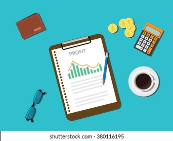 business profit with graph document clipboard gold coin coffee and wallet vector illustration