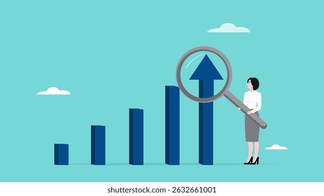 business profit growth analyze, economic growth graph with financial management, strategy to achieve business success or financial freedom, businesswoman with magnifying glass analyze growth graph