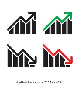 business profit growth graph vector icon set in black, green and red color. decline stock market vector symbol. low sales sign. progress statistics analytics. sale revenue data icon collection