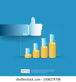 business profit growth revenue with thumb up gesture. income salary rate increase. Finance performance of return on investment ROI concept with arrow. dollar symbol flat style vector illustration