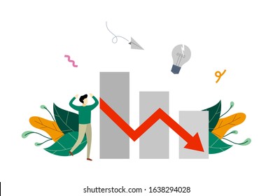 Business profit loss, financial crisis, profit decrease, economic or market fall, marketing income down arrow stock graph concept vector flat illustration template svg