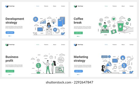 Business profit, marketing strategy development, coffee break set vector illustration. Cartoon tiny people work with financial chart performance to boost company, promote campaign with megaphone