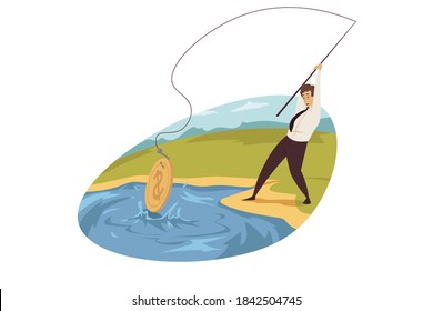 Business, profit, mining, income, fishing concept. Businessman manager worker entrepreneur fisherman catching bitcoin from pond. Cryptocurrency earning and digital finance ecommerce illustration.