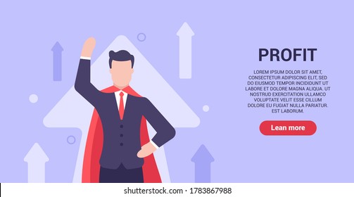 Business profit modern concept. A man in a business suit and a red cloak strives to earn as much money as possible. Web banner. Vector illustration in modern flat style. Upward movement. EPS 10.