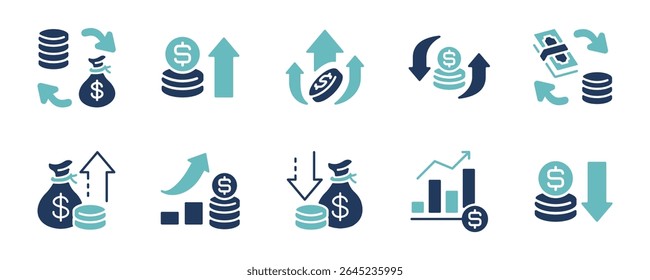 negócio lucro dinheiro seta ícone vetor definir rendimento sucesso financeiro ganhando crescimento saco de dólar e pilha de moedas para cima e para baixo sinais de seta ilustração vetor