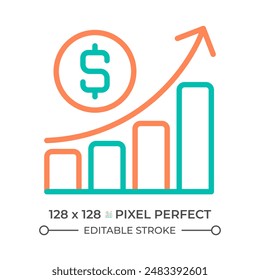 Business profit two color line icon. Bar charts and upward arrow bicolor outline symbol. Financial growth. Net profit. Duotone linear pictogram. Isolated illustration. Editable stroke