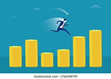 Business profit vector concept: businessman running along the stack of coins