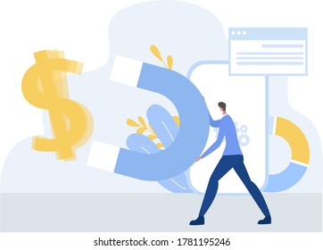 Business profit vector concept: Businessman pulling and attracting the big dollar sign with a huge magnet