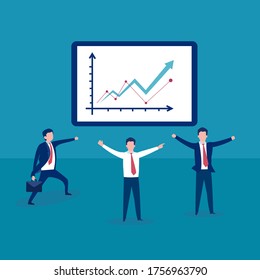 Business profit vector concept: group of businessmen cheering and celebrating the increasing business chart