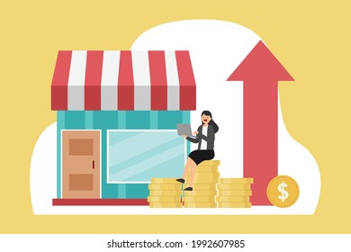 Business profit vector concept: Young businesswoman sitting on the stack of coins while working with laptop