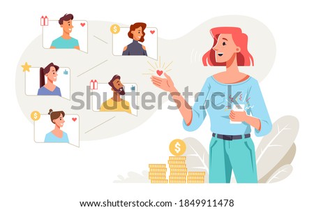 Business program building partnerships and referring friends. Woman and boxes with avatar of people. Getting profit and earning money. Talking and gesturing lady with smartphone showing table vector