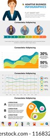 Business progress and analytics concept infographic charts set. Area and line charts for presentation slide templates. Can be used for annual report, advertising, flyer layout and banner design.