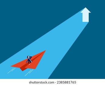 Business progress. Businessman flying in a paper rocket heading towards the growth arrow gate