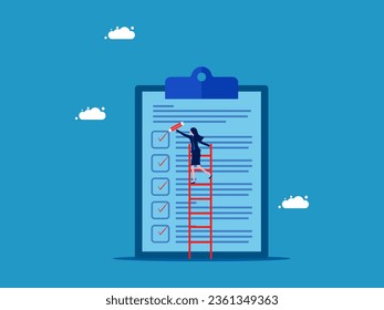 Business progress. Businesswoman holding a pencil climbs the stairs to check documents 