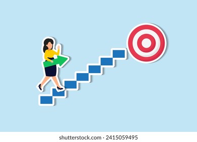 Business progress or career path, step to reach target or business goal, success step or motivation for improvement concept, confidence businesswoman carrying arrow walk up stair to reach target.