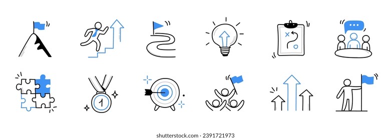 Business progress, challenge doodle icon set. Hand drawn sketch business opportunity, career progress, professional goal cute trendy doodle icon. Career talent, leader concept. Vector illustration