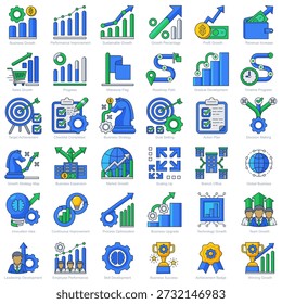 Business and progress color icons set with modern flat design style. Includes icons representing performance improvement, sustainable development, profit and revenue increase, sales performance, progress tracking, milestones, roadmap planning, strategy, goal setting, action plans, market expansion, technology advancement, team development, innovation, and overall business success. Suitable for websites, mobile apps, dashboards, presentations, reports, infographics, startup projects, and corporate or financial designs.