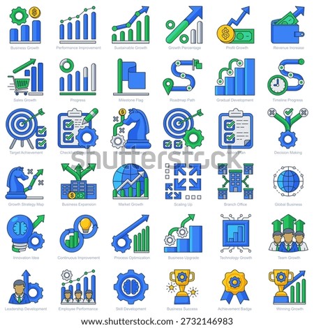 Business and progress color icons set with modern flat design style. Includes icons representing performance improvement, sustainable development, profit and revenue increase, sales performance, progress tracking, milestones, roadmap planning, strategy, goal setting, action plans, market expansion, technology advancement, team development, innovation, and overall business success. Suitable for websites, mobile apps, dashboards, presentations, reports, infographics, startup projects, and corporate or financial designs.