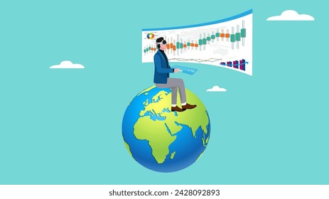 business progress with concept of businessman analyze financial business graph using AR  VR headset technologi,  businessman analyzes stock market growth with virtual reality technology illustration
