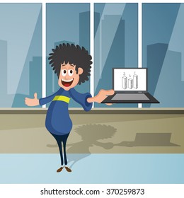 Business progress concept with illustration of young happy boy showing growth bar on his laptop.