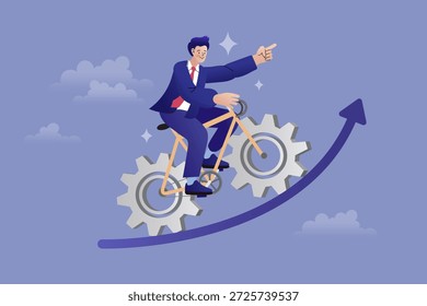 Progreso empresarial y concepto de eficiencia. Un hombre de negocios en bicicleta cuesta arriba en una bicicleta con ruedas dentadas, montando a lo largo de un camino de flecha ascendente. Esta metáfora ilustra cómo las operaciones sistemáticas y el esfuerzo impulsan el éxito corporativo.