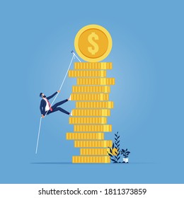Business progress, growth, cash gain, career path to success, Businessman climbing up a pile of coins