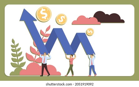 Business progress growth concept. A group of people work together to achieve success and carry an upward arrow as a measure of profit, sales, or career advancement. Vector illustration. Vector.
