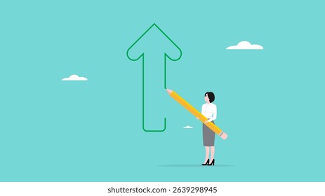 business progress with increased sales, promotion or career development, increased income or returns from investments, business woman drawing green arrow of business growth