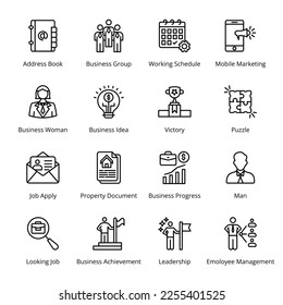 Business Progress, Man, Address Book, Business Group, Working Schedule, Mobile Marketing, Job Apply, Property Document, Looking Job, Business Achievement, Outline Icons - Stroked, Vectors