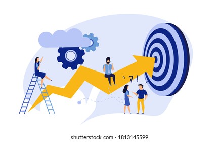 Business progress man and woman vector success challenge employee. Journey job target action career illustration. Review finance work plan concept flat marketing promotion. Arrow growth up banner goal