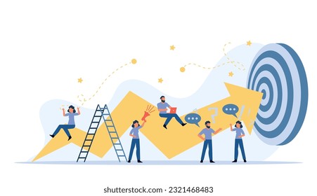 Business progress man and woman vector success challenge employee. Journey job target action career illustration. Review finance work plan concept flat marketing promotion. Arrow growth up banner goal