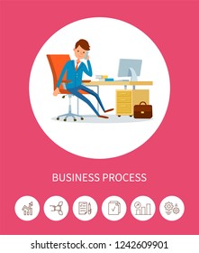 Business progress man working on laptop device vector. Director manager, chief executive working in office, person talking on phone with clients customers