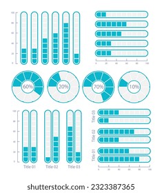 Informe de progreso del negocio con conjunto de plantillas de diseño de gráficos de infografía. Presentación de datos visuales. Gráficos de barras editables y colección de diagramas circulares. Tipo de letra Myriad Variable Concept