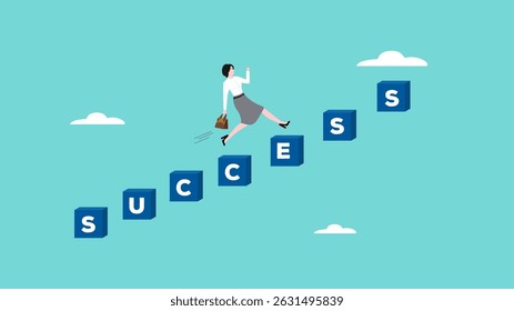 business progress step towards career success, businesswoman running up the stairs of success achievement concept vector illustration with flat design style