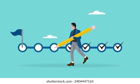 business progress step towards business targets with a strategy plan concept. journey job target action career illustration. businessman using pencil to tick the stages that have been completed