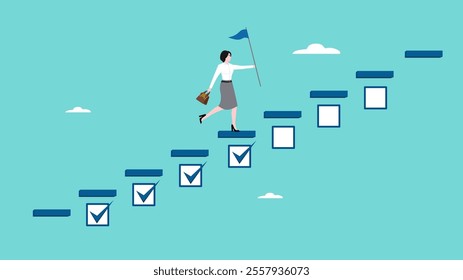 business progress step towards business targets with a strategy plan concept. journey job target action career illustration. businesswoman running up the stairs of achievement while carrying a flag