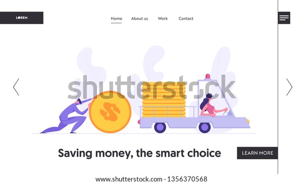 Business Progress Success Financial Goal\
Concept with Businesswoman Character Driving Truck Car with Money\
and Businessman Pushing Coin for Landing Page, Website, Web Page.\
Flat Vector\
Illustration