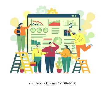 Business project building concept. Data analysis. Application development. Creative work. Performance of tasks. People are working together in the office. Vector flat cartoon illustration