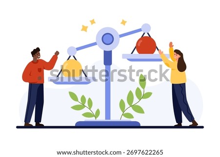 Business project choice, evaluation of decisions and advices. Tiny people compare balls of different colors on balance scales, thinking over right and wrong answer cartoon vector illustration