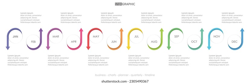 business project circle arrow up down timeline diagram Infographic roadmap template for business. 12 month modern Timeline charts planner diagram calendar with presentation vector infographics.