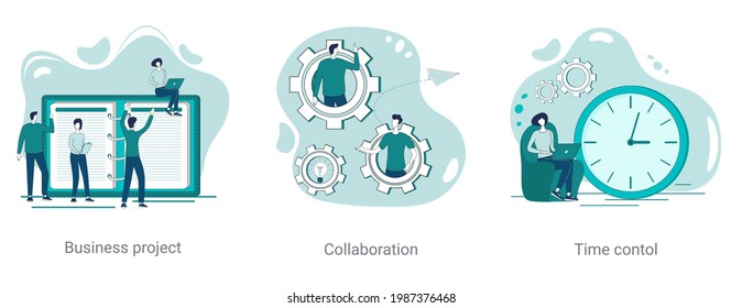 Proyecto de negocio, colaboración y control de tiempo.Un conjunto de ilustraciones vectoriales sobre un tema de negocio.Ilustraciones abstractas de color verde.