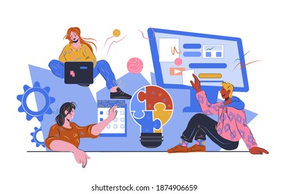 Plantilla de sitio web de comunicación y desarrollo de proyectos empresariales con personas que trabajan en colaboración. Aplicación de servicio en línea o concepto de desarrollo de estrategia empresarial, ilustración vectorial plana.