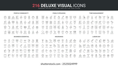 Business project and communication, public speaking and insurance, labor and health protection line icon set. Success achievement, time management thin black outline symbols vector illustration